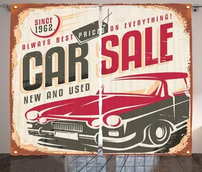 Занавеска ABAKUHAUS в стиле ретро в деревенском стиле, знак продаж автомобилей в Америке, универсальные ленточные шторы для гостиной с петлями и крючками, 280 x 175 см, кремово-серый красный