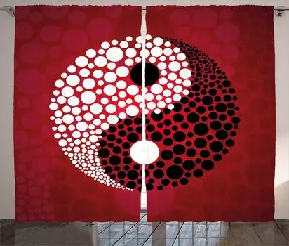Занавеска ABAKUHAUS Ying Yang в деревенском стиле, абстрактный знак космоса, универсальные ленточные шторы для гостиной с петлями и крючками, 280 x 260 см, красный
