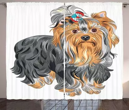 Занавеска ABAKUHAUS Yorkie в деревенском стиле, терьер с милым бантиком, универсальные ленточные шторы для гостиной с петлями и крючками, 280 x 260 см, абрикосово-серый, белый