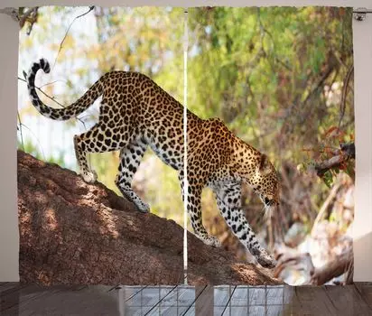Занавеска ABAKUHAUS Zoo в деревенском стиле, природный заповедник «Леопардовое дерево», универсальные ленточные шторы для гостиной с петлями и крючками, 280 x 260 см, светло-коричневый белый зеленый