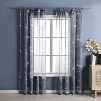 Занавеска Joyswahl с рюшами и лентой Современная занавеска из вуали (1 шт.) с ботаническим узором Прозрачные шторы Спальня Гостиная Серый В x Ш 175 x 140 см
