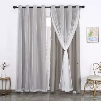 Занавеска с ажурной звездой, двухслойная вуаль, непрозрачная занавеска с люверсами для спальни, детской комнаты, серая, 130 x 243 см easy home, серый