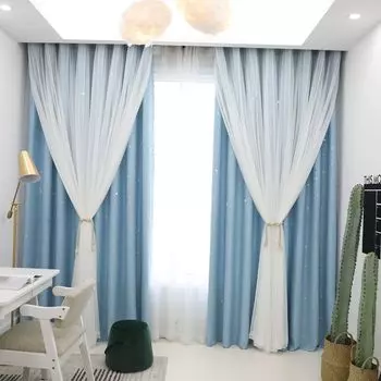 Занавеска с ажурной звездой, двухслойная вуаль, занавеска с люверсами для спальни, детской комнаты, гостиной, синий 132 x 213 см easy home