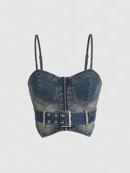 Застежка-молния ICON, майка с поясом, джинсовый верх Shein, синий