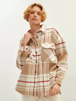 Застежка спереди на пуговицах, клетчатая рубашка с длинным рукавом из габардина, Женская куртка-рубашка дровосека LCW Casual