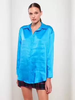 Застежка спереди на пуговицах Прямая атласная Женская рубашка с длинным рукавом LCW Vision