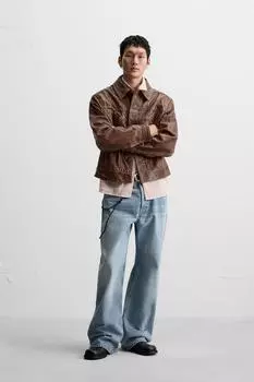 Застиранная кожаная куртка ZARA, коричневый