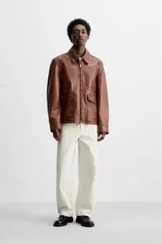 Застиранная кожаная куртка ZARA, коричневый
