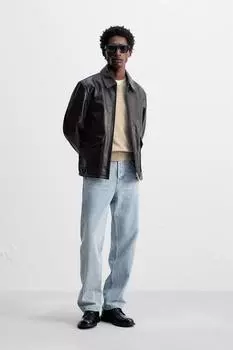 Застиранная кожаная куртка ZARA, темно-коричневый