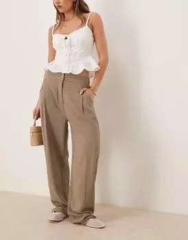Зауженные брюки ASOS DESIGN со складками спереди и льном цвета хаки