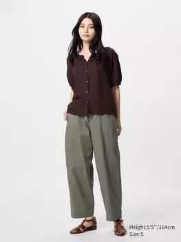 Зауженные брюки из льна и хлопка Uniqlo, цвет 55 зеленый