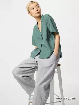 Зауженные брюки из льна и хлопка в полоску Uniqlo, цвет 07 серый