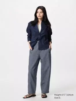 Зауженные брюки из льна и хлопка в полоску Uniqlo, цвет 69 синий