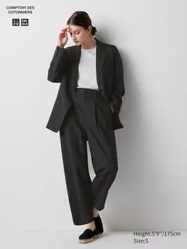 Зауженные брюки в складку из льняной смеси длинные Uniqlo, черный