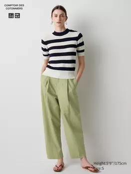 Зауженные брюки в складку из льняной смеси длинные Uniqlo, зеленый