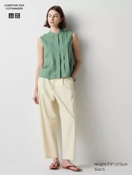 Зауженные брюки в складку из льняной смеси длинные Uniqlo, бежевый