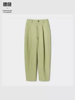 Зауженные брюки в складку из льняной смеси длинные Uniqlo, цвет 51 зеленый