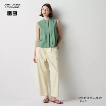 Зауженные плиссированные брюки из льняной смеси (длинные) UNIQLO, бежевый