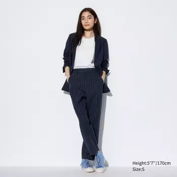 Зауженные полосатые брюки из смеси льна и хлопка UNIQLO, темно-синий