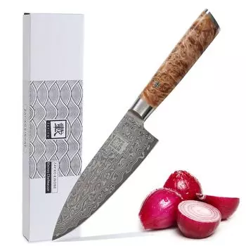 Zayiko Kinone Damascus Маленький поварской нож I, лезвие 16 см, деревянная ручка, береза