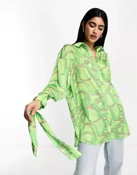 Зеленая атласная рубашка оверсайз с принтом в виде сердечек ASOS, на манжетах с завязками, однотонная