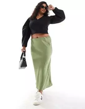 Зеленая атласная юбка косого кроя миди ASOS DESIGN Curve