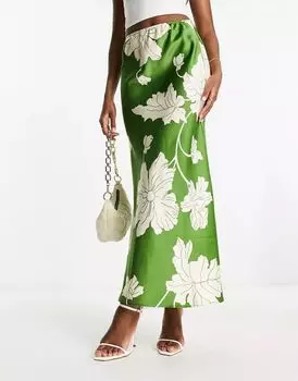 Зеленая атласная юбка макси ASOS с графическим цветочным принтом и асимметричным кроем