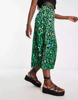 Зеленая атласная юбка миди Brave Soul Susan с животным принтом