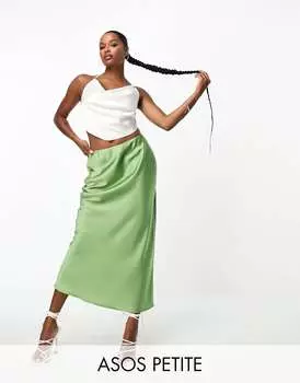 Зеленая атласная юбка миди с диагональным принтом ASOS DESIGN Petite
