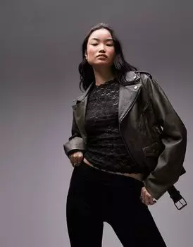 Зеленая байкерская куртка из искусственной кожи Topshop