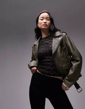 Зеленая байкерская куртка из искусственной кожи Topshop