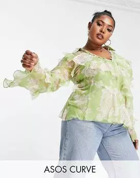 Зеленая блуза с цветочным принтом ASOS DESIGN Curve с оборками и пуговицами по краю с v-образным вырезом и рюшами ASOS DESIGN