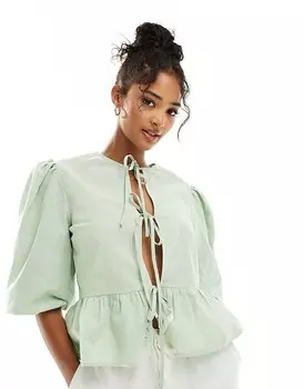 Зеленая блузка с баской ASOS DESIGN из смесового льна с завязкой спереди
