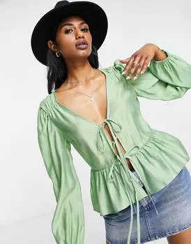 Зеленая блузка Topshop с завязками спереди