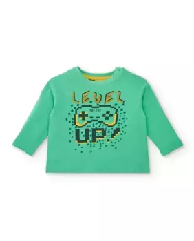 Зеленая футболка для мальчика с длинными рукавами и принтом Level Up Tuc tuc