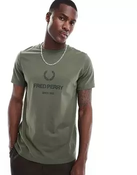 Зеленая футболка хаки с графическим принтом Fred Perry