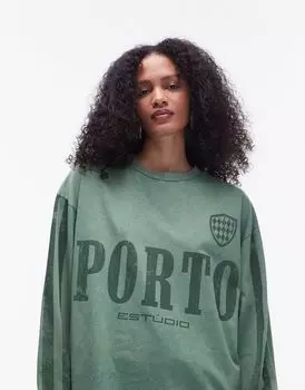 Зеленая футболка с длинными рукавами и графическим принтом Porto Sporty Topshop