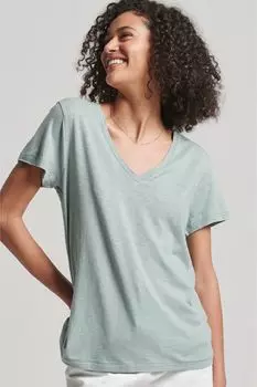 Зеленая футболка с V-образным вырезом и вышивкой Superdry, зеленый