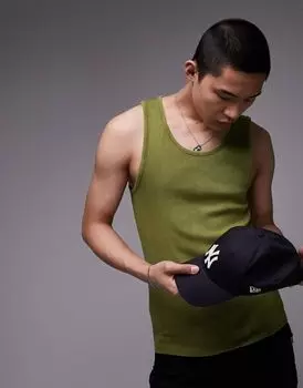 Зеленая футболка в рубчик без рукавов Topman