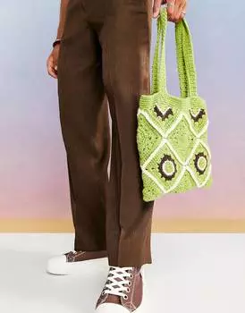 Зеленая и кремовая большая сумка крючком ASOS DESIGN 70's