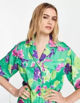 Зеленая курортная рубашка с цветочным принтом Topshop Ultimate
