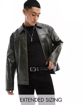 Зеленая куртка Harrington из искусственной кожи с контрастной строчкой ASOS