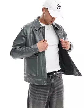 Зеленая куртка Харрингтон из искусственной кожи с контрастной строчкой ASOS DESIGN