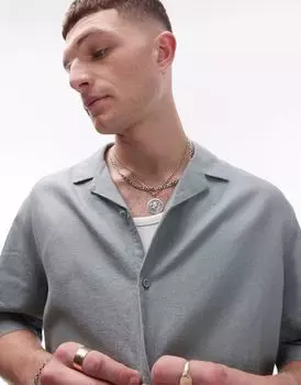 Зеленая льняная рубашка свободного кроя с короткими рукавами Topman