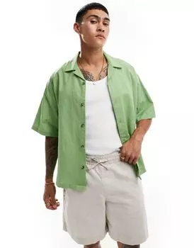 Зеленая льняная рубашка свободного кроя с походным воротником ASOS DESIGN