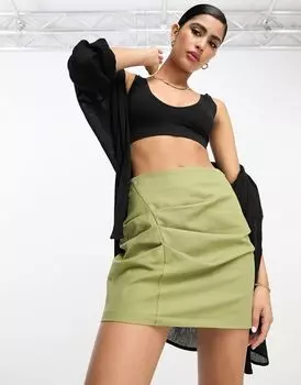 Зеленая льняная юбка со сборками ASOS DESIGN