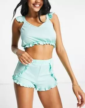 Зеленая майка с оборками и короткая пижама Miss Selfridge