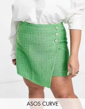 Зеленая мини-юбка из букле с пуговицами из страз ASOS DESIGN Curve