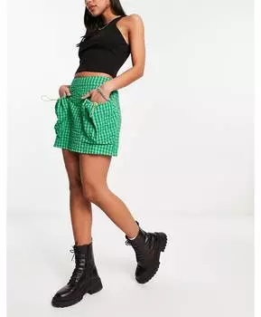 Зеленая мини-юбка карго с прорезными карманами ASOS DESIGN в мелкую клетку