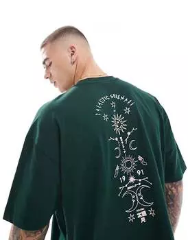 Зеленая объемная футболка свободного кроя с небесным принтом на спине ASOS DESIGN